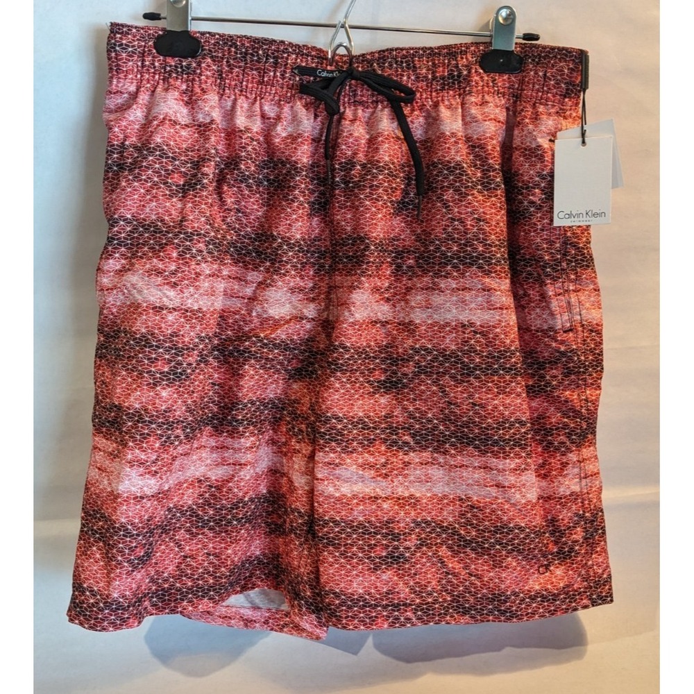 Calvin Klein Men Swim Trunks Size L Red Geo Print Swimwear Board Surf Shorts NWT